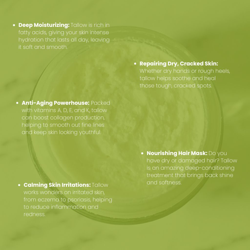 Glo Tallow Tallow Balm Benefits on a green backgound