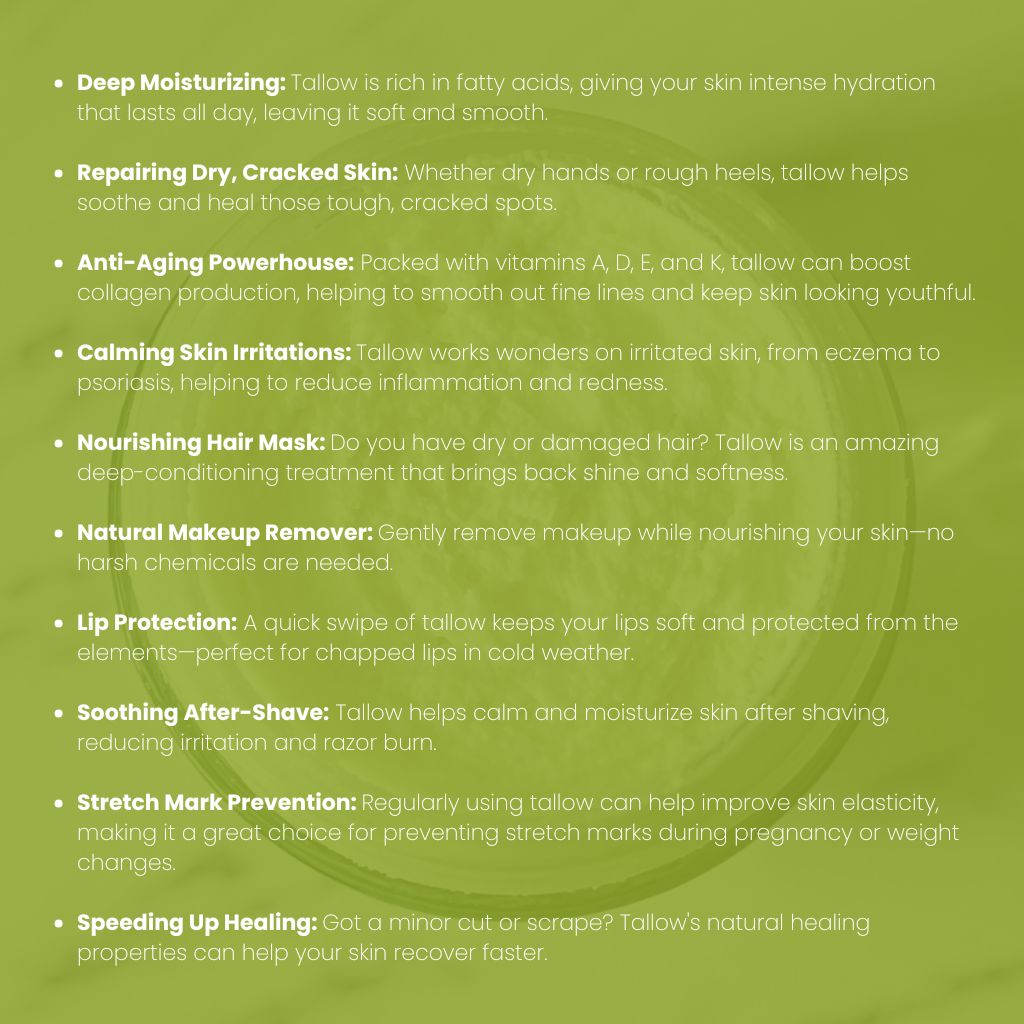 Glo Tallow Tallow Balm list of benefits on a green background