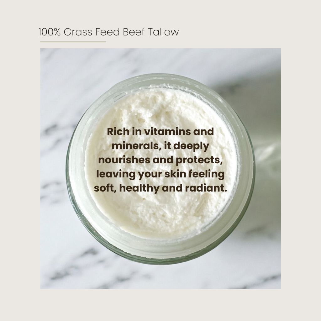 List of benefit of Glo Tallow on a open jar of Tallow Balm