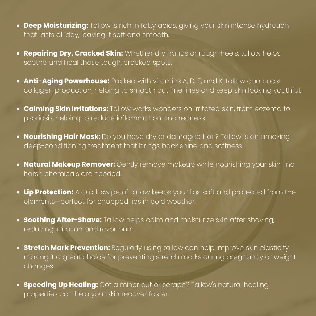 List of Glo Tallow benefits on a brown backgorup