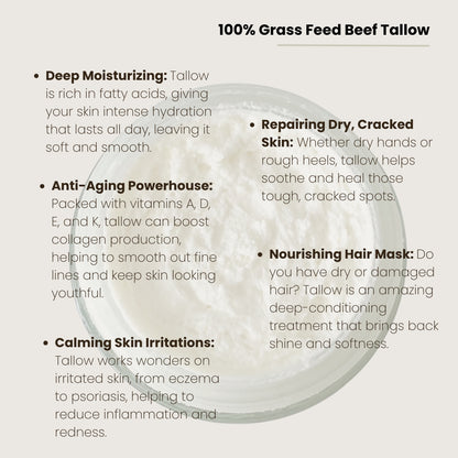 Product packaging with text about 100% grass-fed beef tallow benefits on a white background