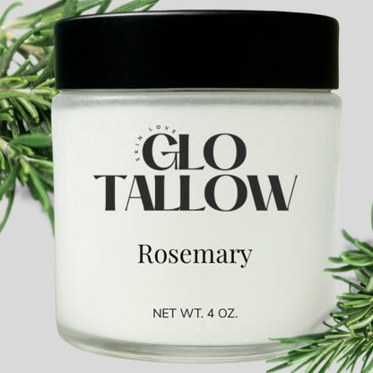 Glo Tallow Rosemary Tallow Balm product jar with black lid on a light background