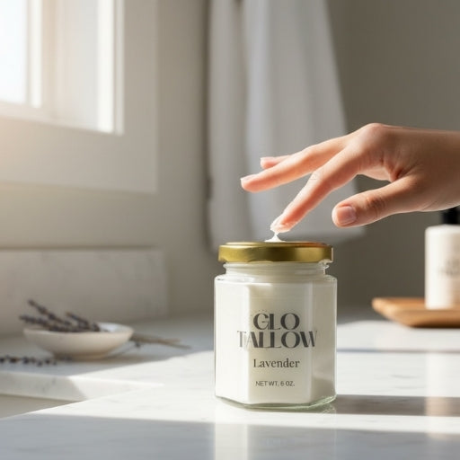 Jar with gold lid sitting on a bathroom counter. Woman&