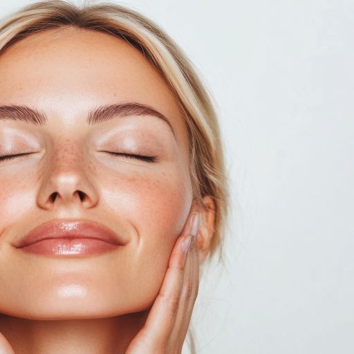 Woman with closed eyes touching her face against a light background