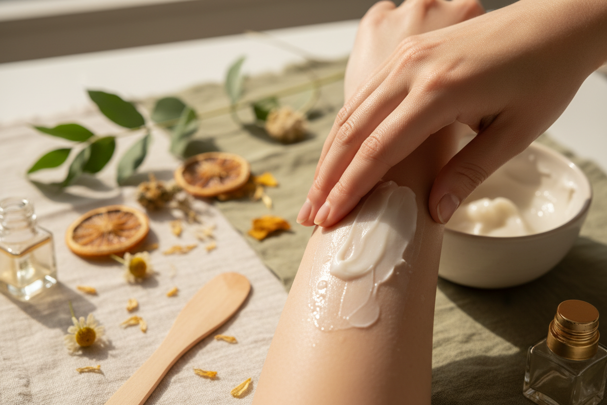Person applying cream to their arm with a natural setting featuring leaves and flowers.